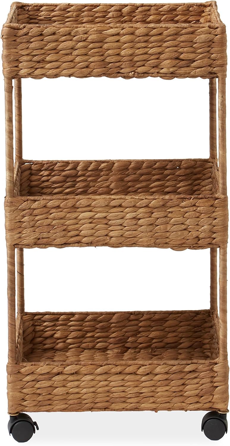 Casafield 3-Tier Rolling Storage Cart - Natural, Water Hyacinth Nursery Caddy, Utility Cart for Bathroom, Craft Room, Laundry Room Organization
