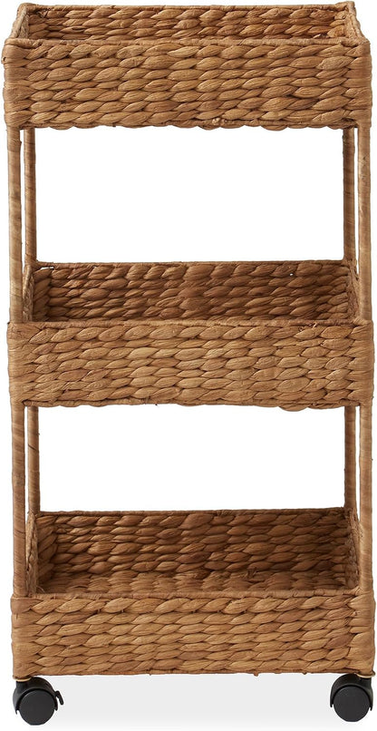 Casafield 3-Tier Rolling Storage Cart - Natural, Water Hyacinth Nursery Caddy, Utility Cart for Bathroom, Craft Room, Laundry Room Organization