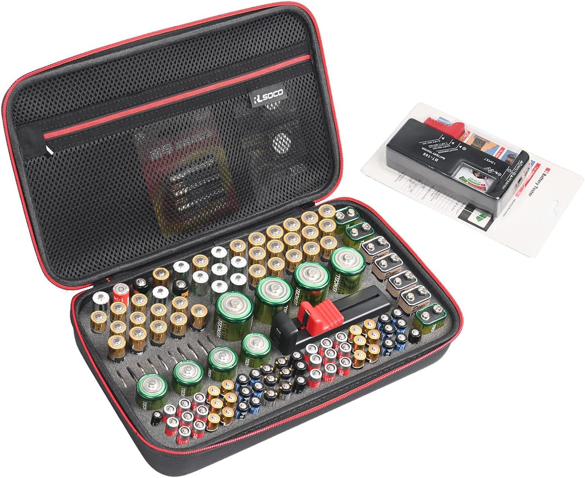 RLSOCO Battery Organizer Storage Case Holder Stores Up to 120+ Batteries: AA AAA C D 9V BT-168 and More (Note: Include a battery tester, Not include any batteries)