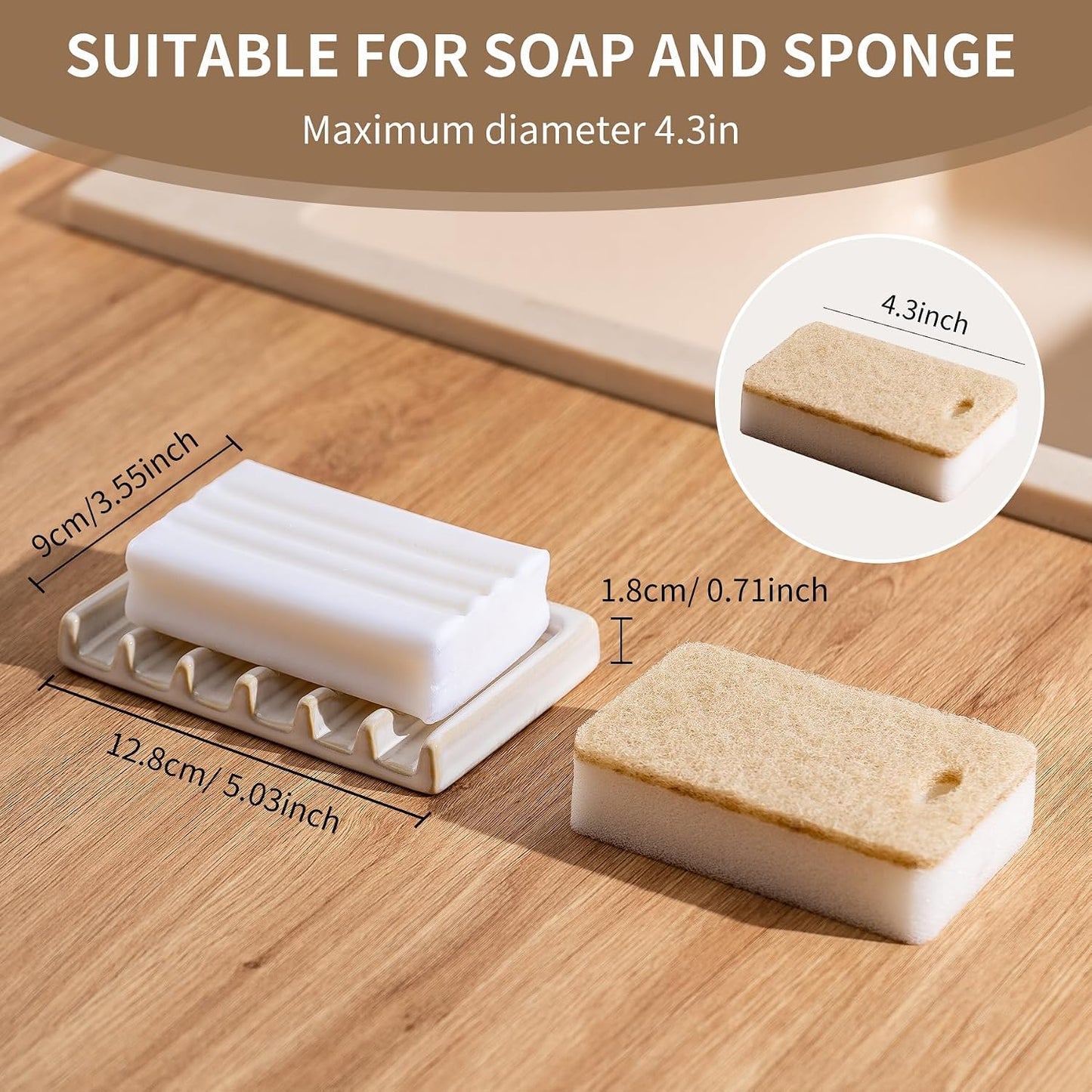 Tanew Self Draining Premium Ceramic Soap Dish, Bar Waterfall Soap Dish, Shower Soap Holder Sponge Holder Soap Tray Savers for Bathroom, Shower, Kitchen, Sink and Countertop