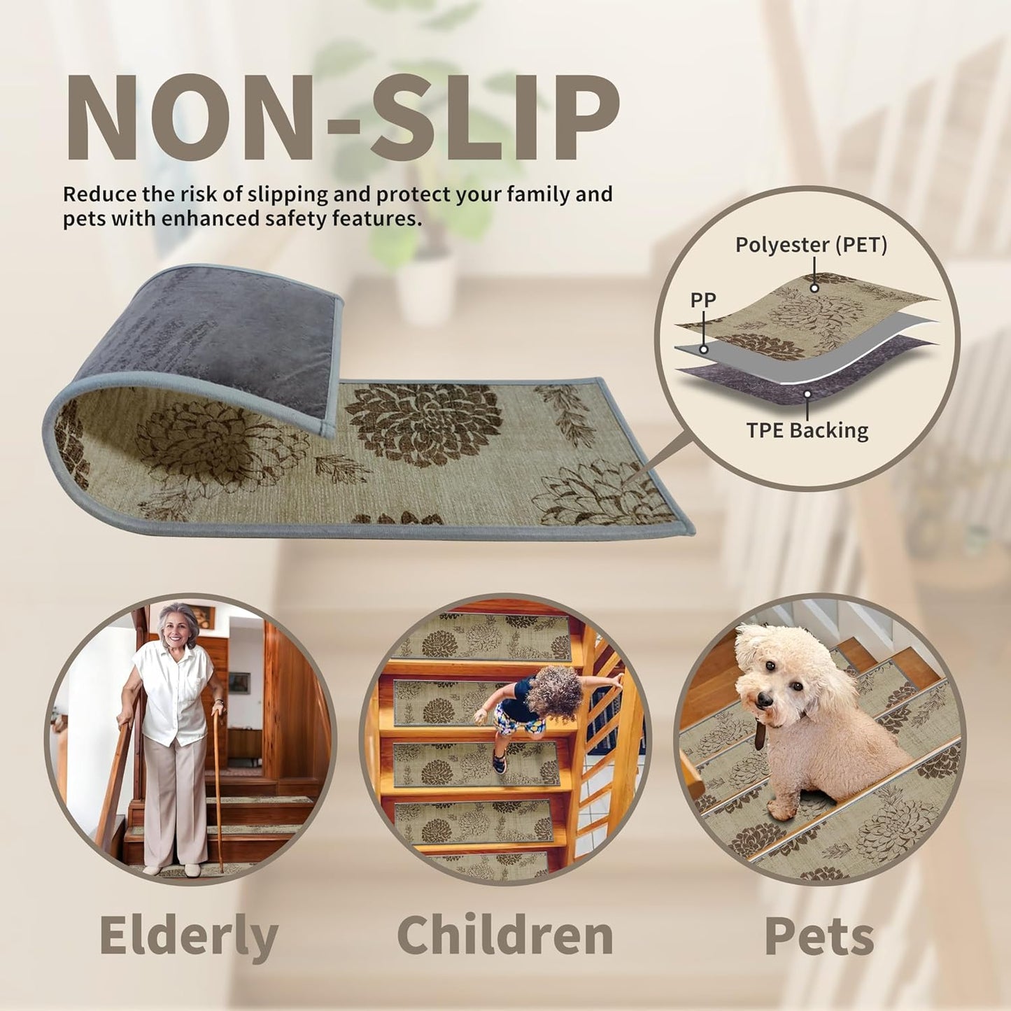 Non-Slip Carpet Stair Treads 15PCS, 8"x30" Peel and Stick Stair Runner for Wooden Steps Indoor, Washable Reusable Adhesive Backing, Pet-Friendly Safety Mats for Kids, Elders, Dogs