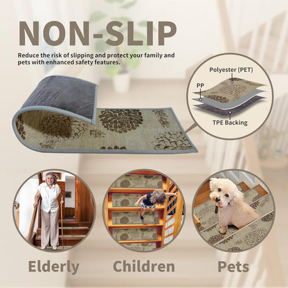 Non-Slip Carpet Stair Treads 15PCS, 8"x30" Peel and Stick Stair Runner for Wooden Steps Indoor, Washable Reusable Adhesive Backing, Pet-Friendly Safety Mats for Kids, Elders, Dogs