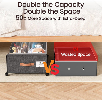 Yecaye Under Bed Storage with Wheels, 2 Pack Under Bed Storage Containers, 60L Underbed Shoe Storage with Clear Window & Label, Rolling Under Bed Metal Drawer for Clothes, Shoes, Books, Blankets