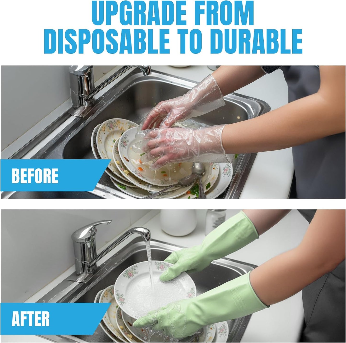 JOR Kitchen Dishwashing Gloves, Durable and Reusable Rubber with Non-Slip Grip, For Household Chores, Multi-purpose Use for Pantry, Bathroom Laundry, Medium, 12-inch Long Cuff, 2 Pairs, Green & Blue