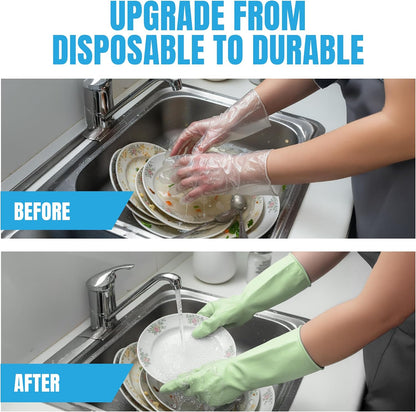 JOR Kitchen Dishwashing Gloves, Durable and Reusable Rubber with Non-Slip Grip, For Household Chores, Multi-purpose Use for Pantry, Bathroom Laundry, Medium, 12-inch Long Cuff, 2 Pairs, Green & Blue