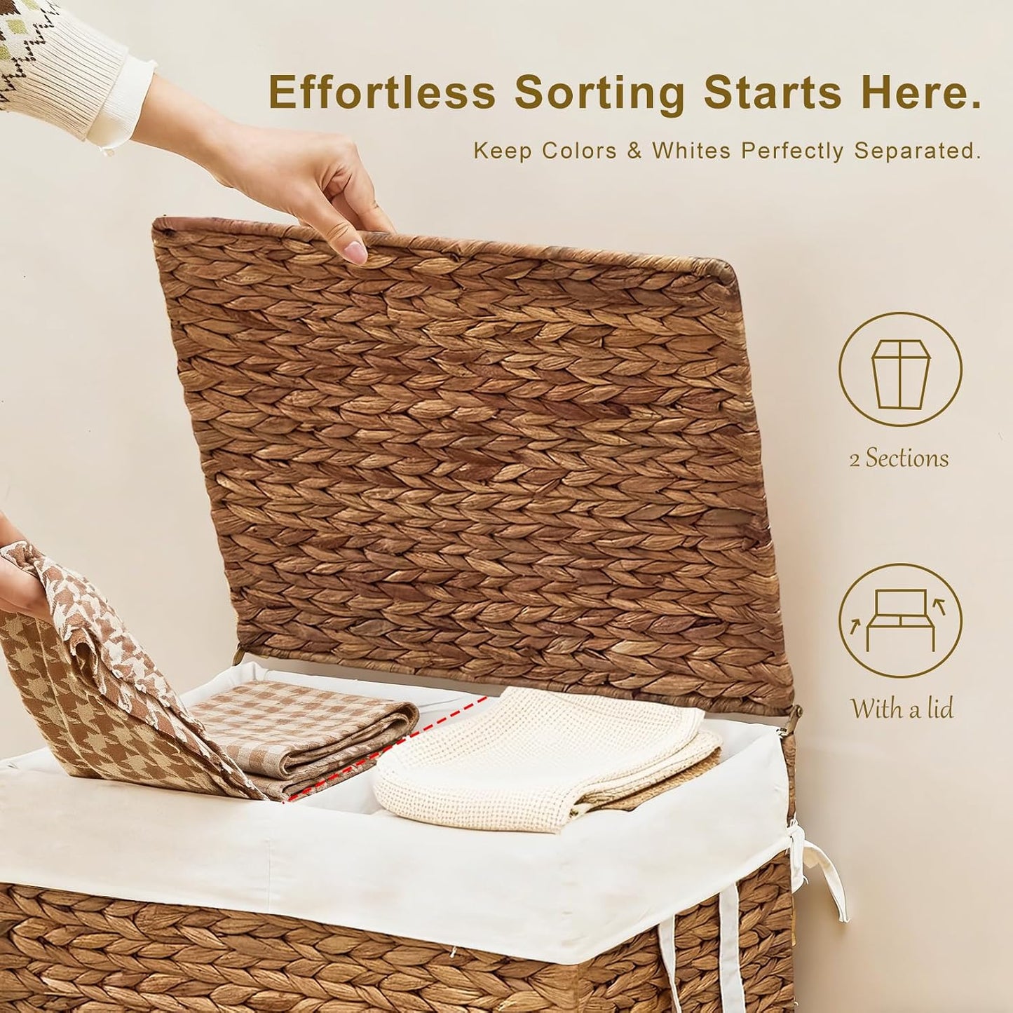 3-Section Laundry Hamper with Lid, Large Capacity Woven Natural Water Hyacinth Laundry Sorter with Removable Liners, Rolling or Non-Slip Design for Bedroom (Natural, 155L)