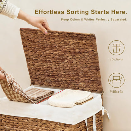 3-Section Laundry Hamper with Lid, Large Capacity Woven Natural Water Hyacinth Laundry Sorter with Removable Liners, Rolling or Non-Slip Design for Bedroom (Natural, 155L)