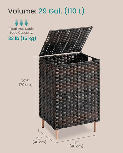 SONGMICS 3-Section Laundry Hamper with Lid, 42.2 Gal (160L) PE Rattan Laundry Basket with Removable Washable Liners, for Bedroom & Living Room, Chestnut Brown ULCB223ME01