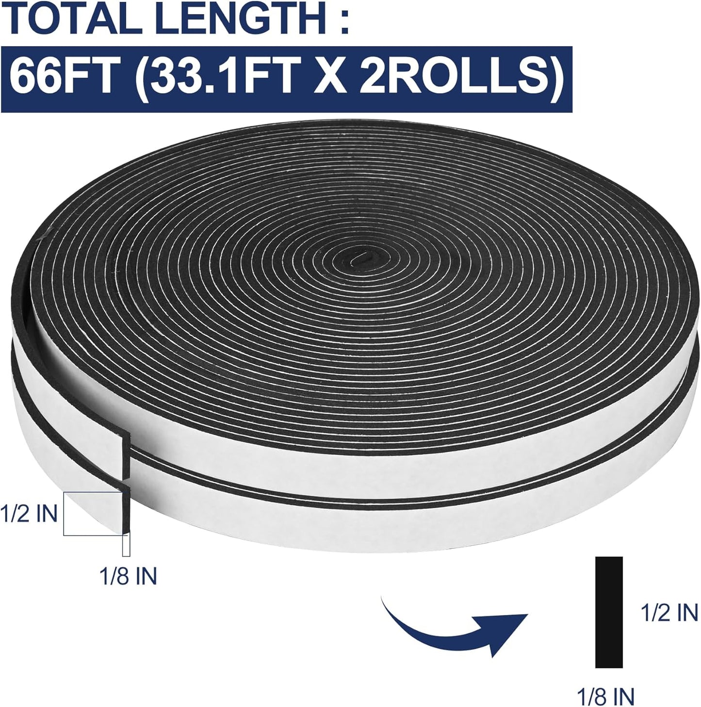66Ft Foam Tapes Self Adhesive Foam Seal Strips 1/2In x 1/8In x 33.1Ft Each Roll Weatherstrips High Resilience Weather Stripping Door Seals for Door Soundproofing, Window Insulation (2R, White)