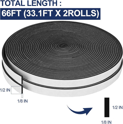 66Ft Foam Tapes Self Adhesive Foam Seal Strips 1/2In x 1/8In x 33.1Ft Each Roll Weatherstrips High Resilience Weather Stripping Door Seals for Door Soundproofing, Window Insulation (2R, White)