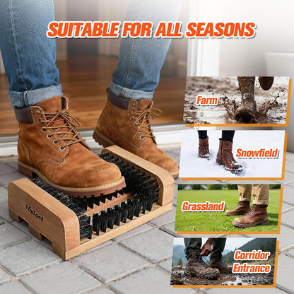 Wooden Boot Scraper Outdoor Heavy Duty Shoe Brush Cleaner for Muddy Boots, Dual Bristle Entryway Shoe Cleaner System for Home Entrance Garage Farm Snow Rain Durable Hardwood Base