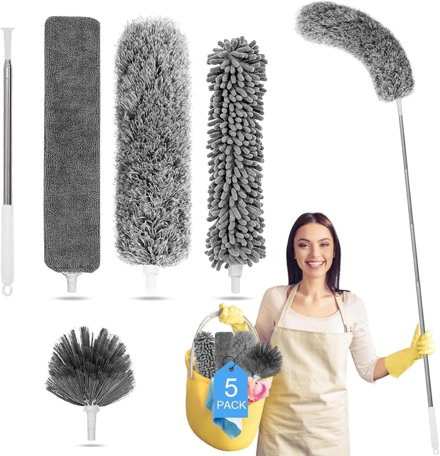 Tiumso Dusters for Cleaning,Microfiber Feather Duster 5-in-1 Kit, Duster with Extension Pole 100 Inches, Cobweb Duster, Microfiber Dusters for High Ceilings and Fans, Blinds and Cars