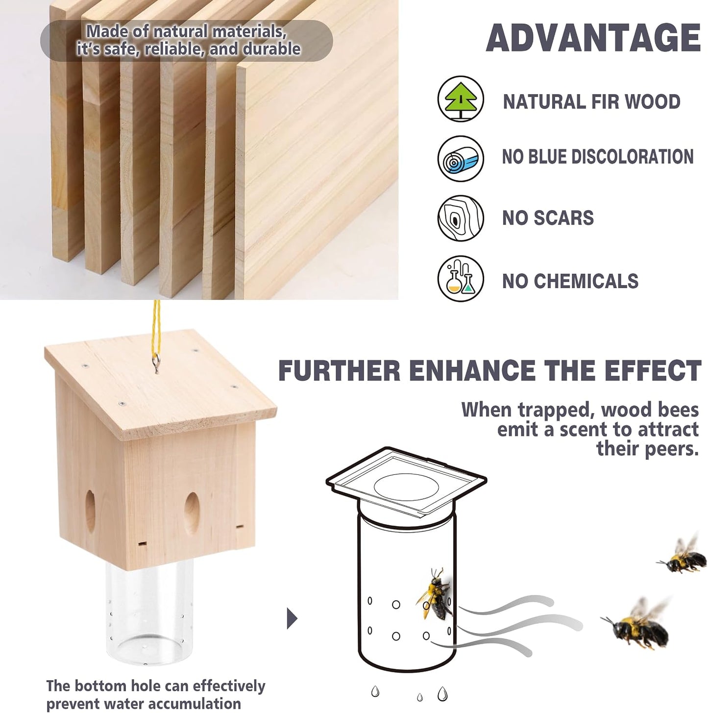 Carpenter Bee Trap for Outside - Pentroof Style Nature Hanging Wood Carpenter Bee Traps Outdoor - Best Bee Trap - Insect Traps with Removable Vault