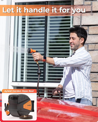 Ayleid Retractable Rubber Hybrid Garden Hose Reel, 1/2"x100ft Wall Mount | Anti-freeze, kink-free premium rubber hybrid hose, 24-month warranty, 9-pattern sprayer, any-length lock, slow auto-return.