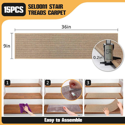 9" x36" Stair Treads Non Slip for Wooden Steps Indoor, 15 Pack, Beige | Reusable Peel and Stick Extra Wide Stair Treads Machine Washable