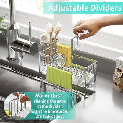 HapiRm Sponge Holder for Kitchen Sink - Self-draining Sink Caddy with Brush and Dishcloth Holders, Stainless Steel Kitchen Countertop Organizers and Storage Essentials - Black