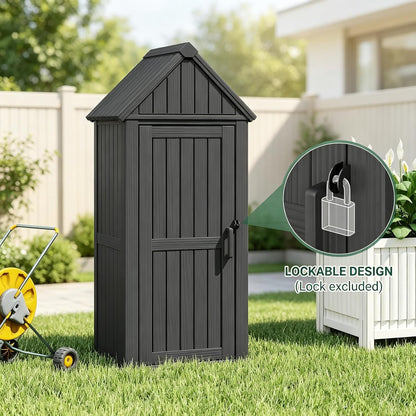 Bifanuo Deck Box Storage Shed Outdoor Storage Cabinet, Vertical Waterproof Resin Material Plastic Shed with Removable Shelves, 12 Hooks and Lock Ring for Garden, Pool and Patio (Classic Black)