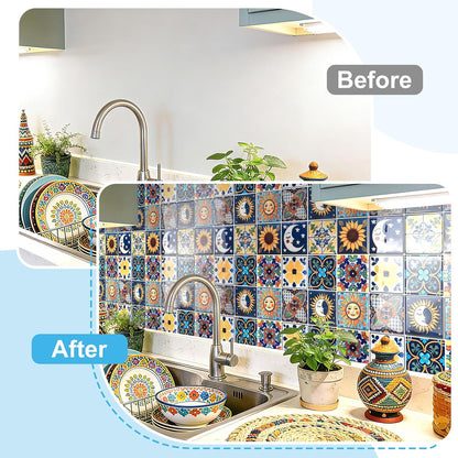 Art3d Talavera Hand-painted Waterproof Peel and Stick Backsplash Tile for Kitchen & Living Room, Sun & Moon Floral Design - 10-Pack of 12 x 12 Inch