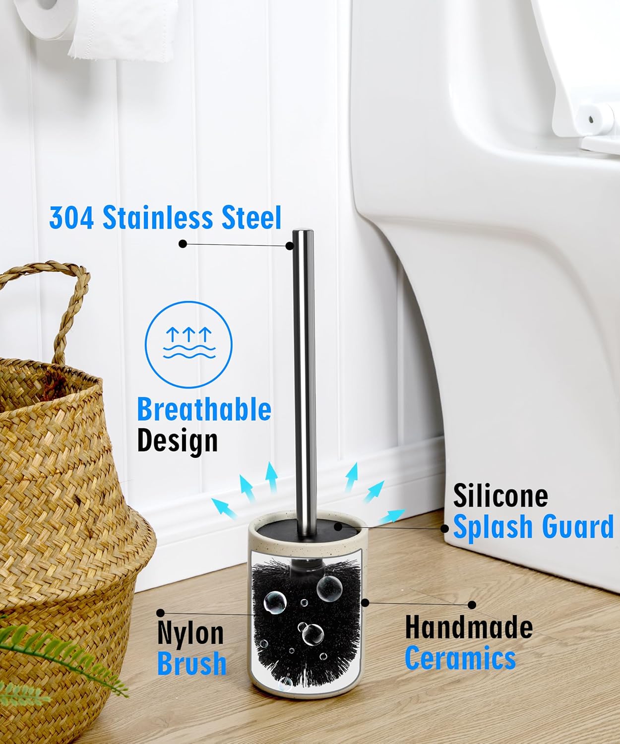 Ceramic Toilet Brush & Holder Set - Freestanding Deep-Cleaning Toilet Bowl Cleaner Brush, Stainless Steel Handle, Small & Sturdy for Storage, Easy to Clean, Non-Scratching
