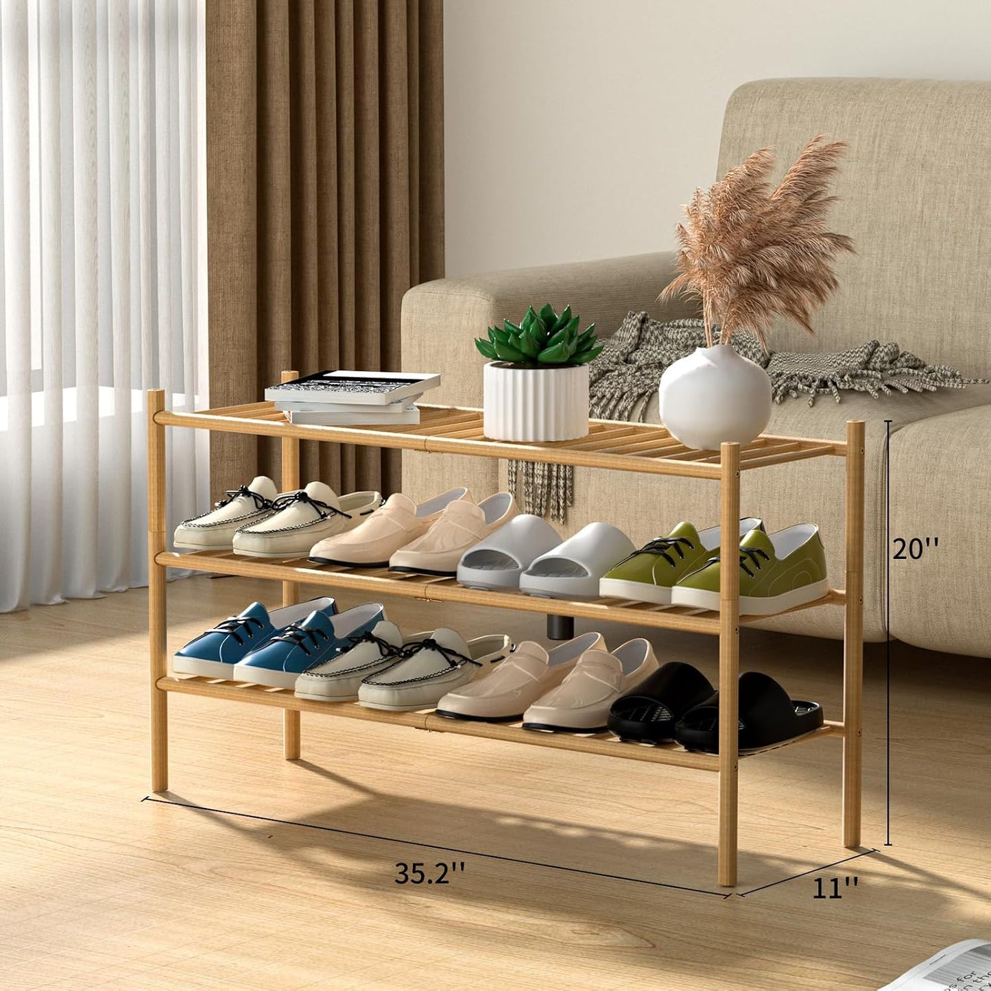 ROMGUAR CRAFT 3 Tier Bamboo Shoe Rack for Closet Free Standing Wood Shoe Shelf Storage Organizer for Entryway Small Space Stackable 27"x11"x20" (Natural)