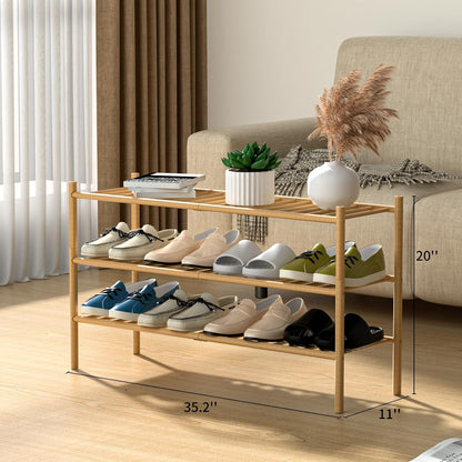ROMGUAR CRAFT 3 Tier Bamboo Shoe Rack for Closet Free Standing Wood Shoe Shelf Storage Organizer for Entryway Small Space Stackable 27"x11"x20" (Natural)