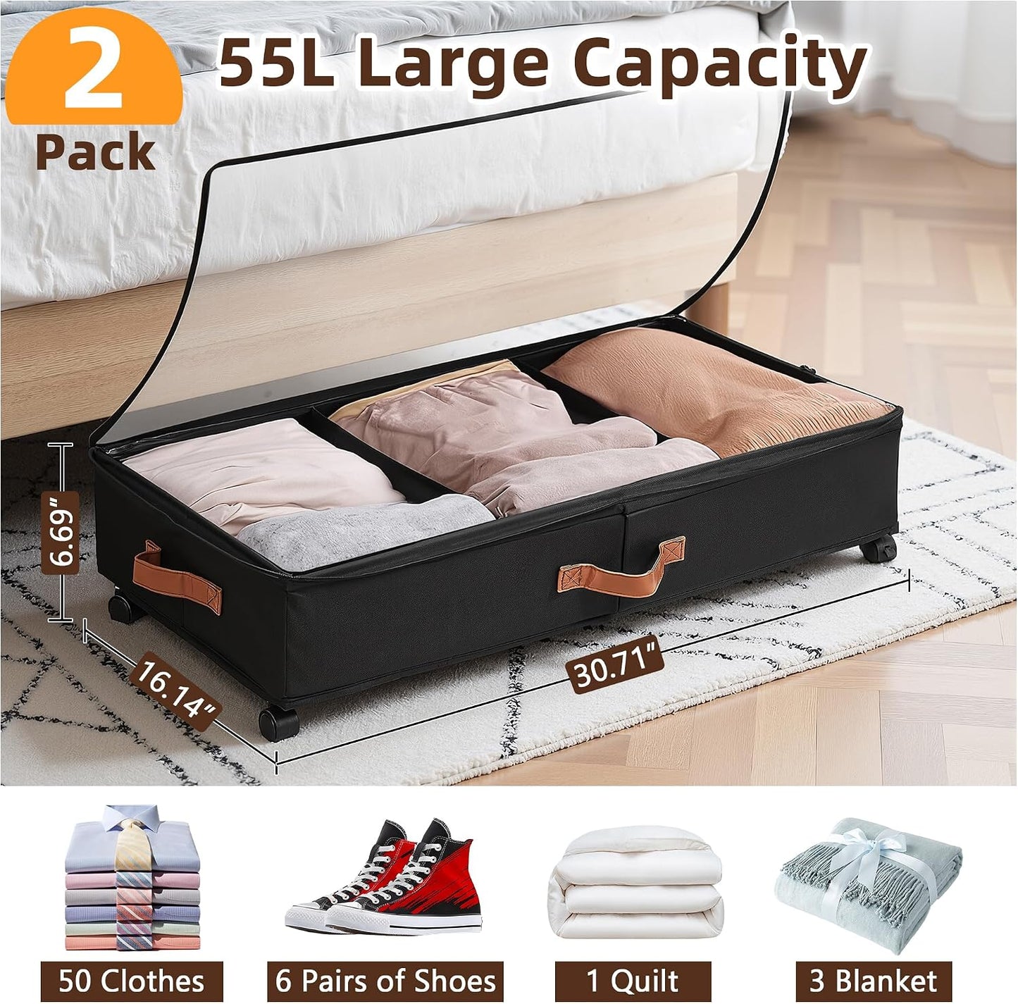 VECELO Under Bed Storage with Wheels, 2 Pack Fully Enclosed Zippered Dust Cover Bins with Clear Lids, Metal Frame and Ultra Thick Fabric Underbed Storage Organizer, Shoe Storage Box, Black