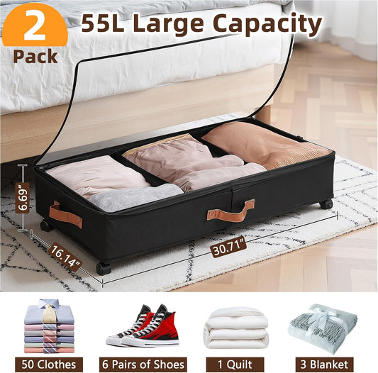 VECELO Under Bed Storage with Wheels, 2 Pack Fully Enclosed Zippered Dust Cover Bins with Clear Lids, Metal Frame and Ultra Thick Fabric Underbed Storage Organizer, Shoe Storage Box, Black