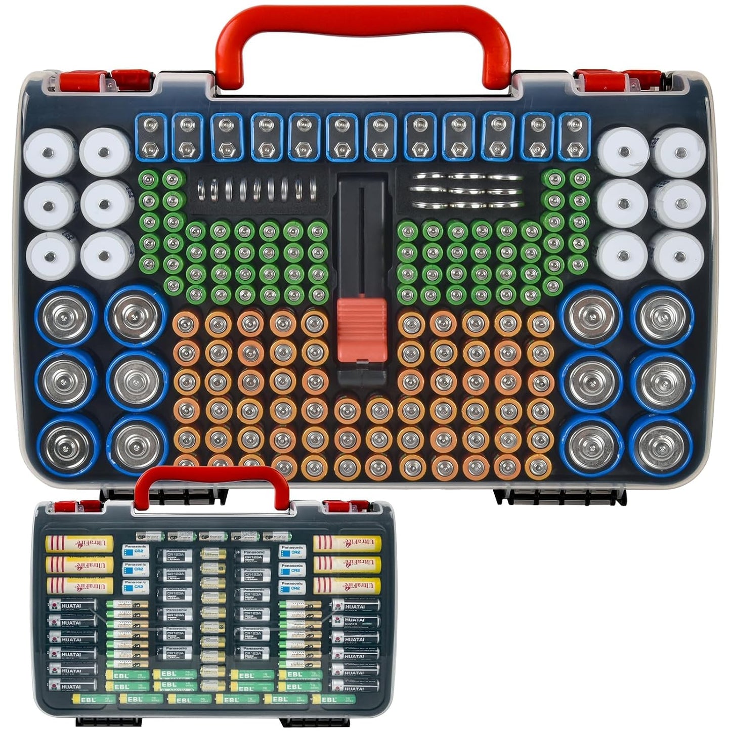 FULLCASE Double-Sided Battery Storage Organizer Case with BT-168 Tester, Holds 269, Fits AA AAA AAAA C D 9V 18650 CR123A CR2 23A 4LR44 and Coin Cells, Water-Resistant, Portable Handle - Deep Blue