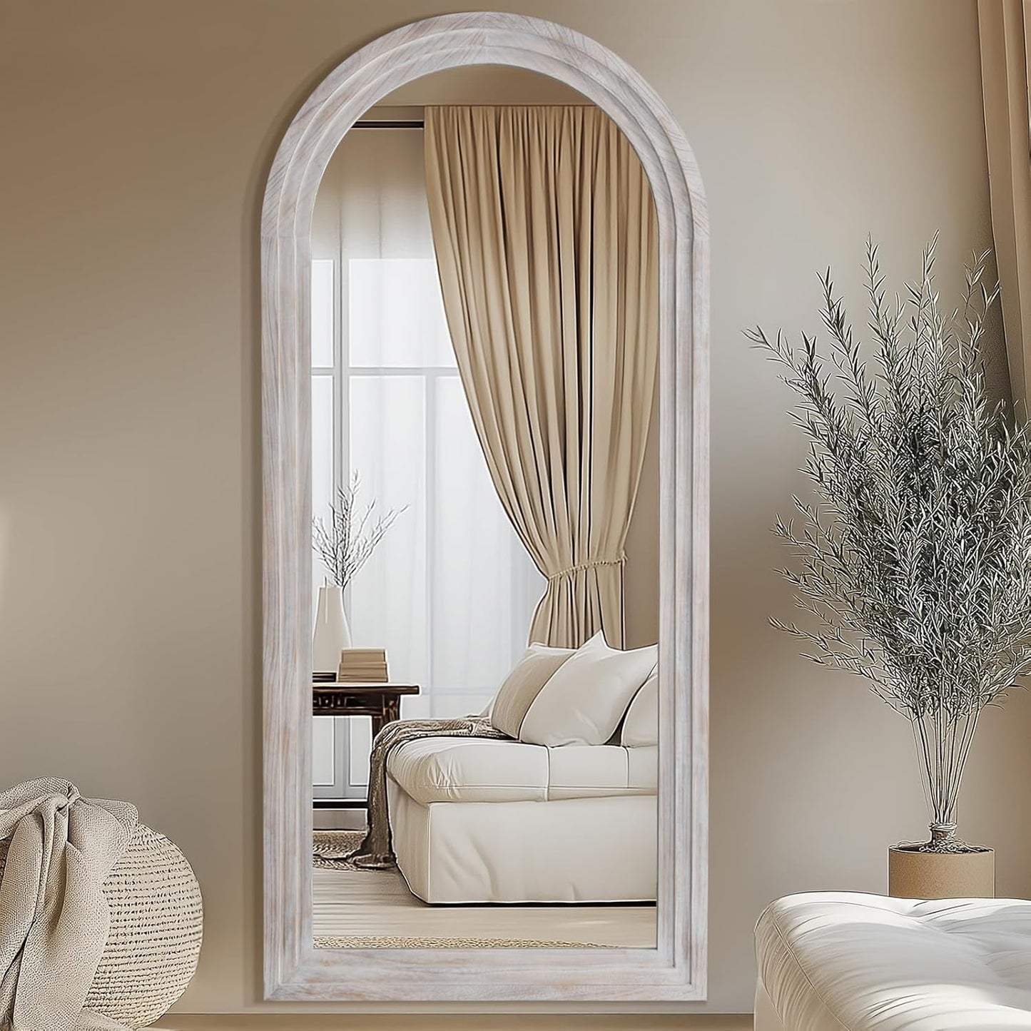 MELOMOIR Arched Full Length Mirror with Solid Wood Frame, 56"x21" Rustic Farmhouse Floor Mirror with Stand, Free Standing Leaning Hanging, for Bedroom Living Room Dressing Room Entryway, Brown