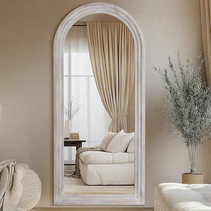 MELOMOIR Arched Full Length Mirror with Solid Wood Frame, 56"x21" Rustic Farmhouse Floor Mirror with Stand, Free Standing Leaning Hanging, for Bedroom Living Room Dressing Room Entryway, Brown