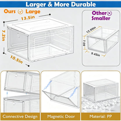 7 code Thicken & Sturdy Clear Shoe Storage Organizer with Magnetic Door, Stackable Boxes for Closet, Foldable Shoe Rack for Sneaker Boot Container, Plastic Shoe Cabinet Shoe Box 6 Pack, Black
