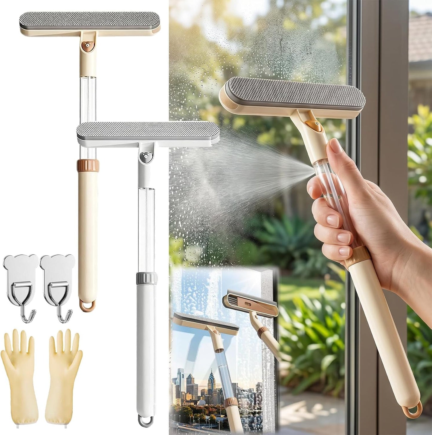3-in-1 Double-Sided Window Screen Cleaning Brush, Multi-Purpose Window Screen Cleaner with Glass Scraper & Crevice Brush, Long Handle Screen Cleaner Tool for Home Office Car Screens (AB)
