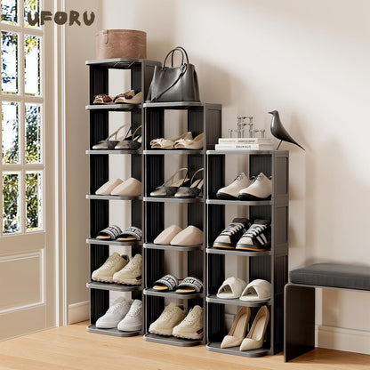 UFORU Small Shoe Rack, 5 Tier Plastic Vertical Shoe Rack for Small and Narrow Spaces, Free Standing Shoe Organizer for Closet, Entryway
