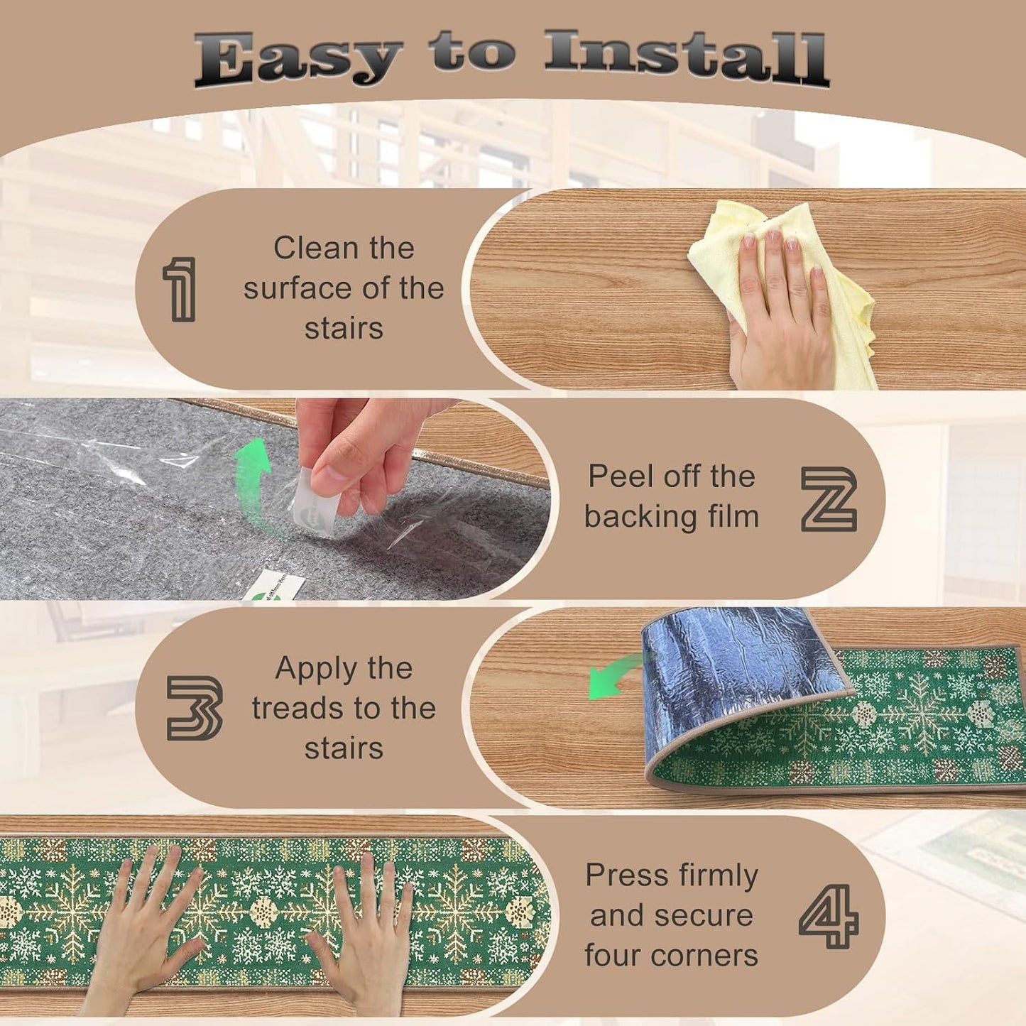 Non Slip Stair Treads for Wooden Steps, 15 Pack 8"x30" Washable Carpet | 8x30 in soft chenille polyester stair treads with reusable TPE backing for indoor wood stairs, dogs, kids, and seniors