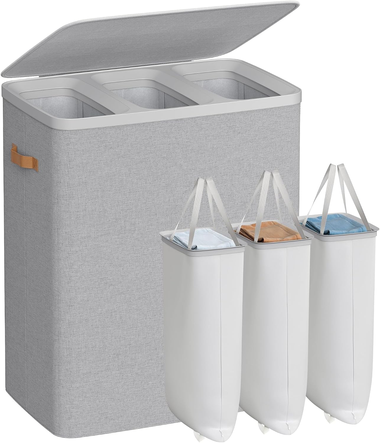 SONGMICS Laundry Basket, 50.2 Gal. Laundry Hamper, 3 Compartments, Easy Assembly, with Lid and Handles, Removable Liners, 25.2 x 15.7 x 29.5 Inches, Cappuccino Beige ULCB814LH01