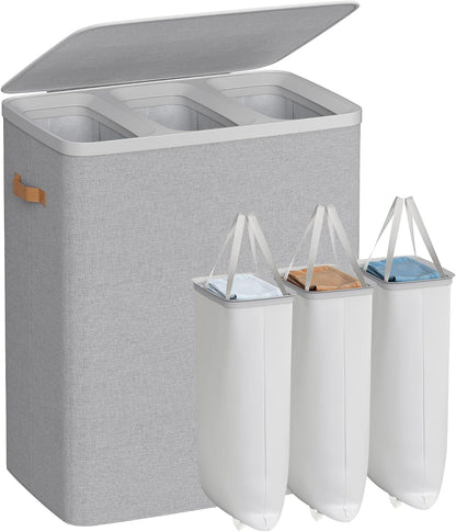 SONGMICS Laundry Basket, 50.2 Gal. Laundry Hamper, 3 Compartments, Easy Assembly, with Lid and Handles, Removable Liners, 25.2 x 15.7 x 29.5 Inches, Cappuccino Beige ULCB814LH01