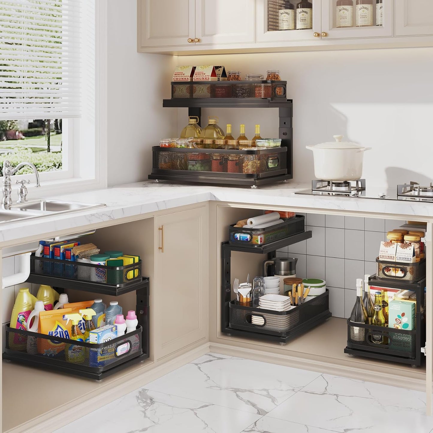 2 Pack 18.5IN-Depth Under Sink Organizer With Next-Gen Ball-Bearing Slides,2-Tier Precision Mesh Pull Out Cabinet Storage for Bathroom&Kitchen,Height Adjustable Drawers Shelf,Anti-rust-White