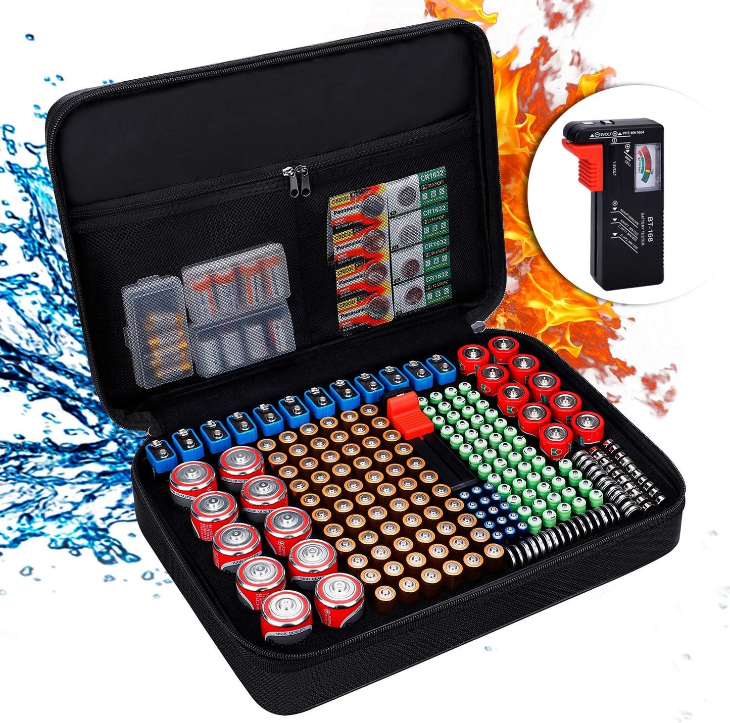 ENGPOW Battery Organizer, Fireproof Battery Organizer Storage Case with Tester (BT168),Water-Resistant Explosionproof Battery Holder Box with Cover and Zipper, Holds 220+ AA AAA C D 9V Batteries
