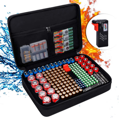 ENGPOW Battery Organizer, Fireproof Battery Organizer Storage Case with Tester (BT168),Water-Resistant Explosionproof Battery Holder Box with Cover and Zipper, Holds 220+ AA AAA C D 9V Batteries