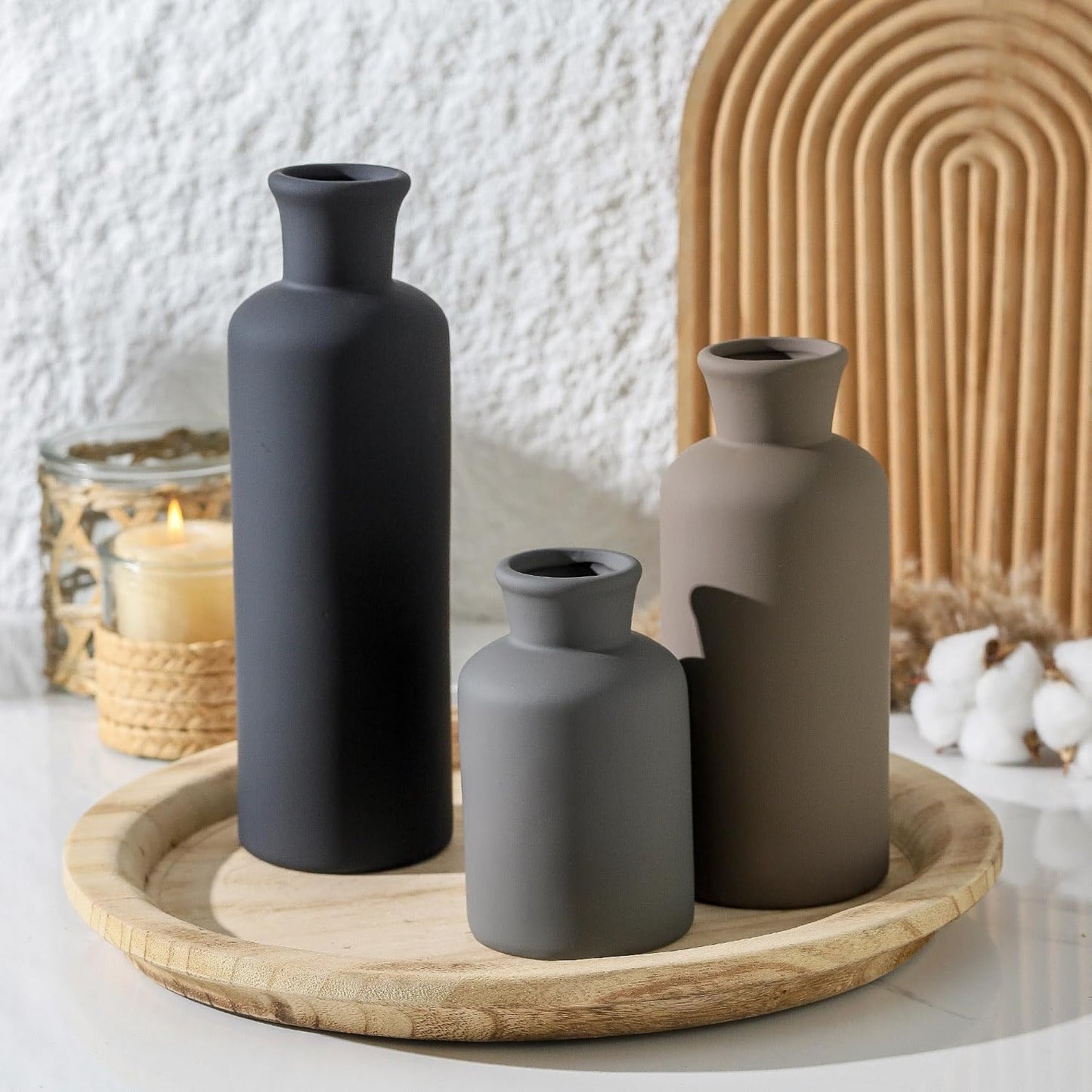 Ceramic Vase Set of 3, Decorative Vases Home Decor Modern Neutral Flower Pampass Boho Vase for Living Room, Table, Mantel, Entryway, Bookshelf, Kitchen, Bedroom, Bathroom - White