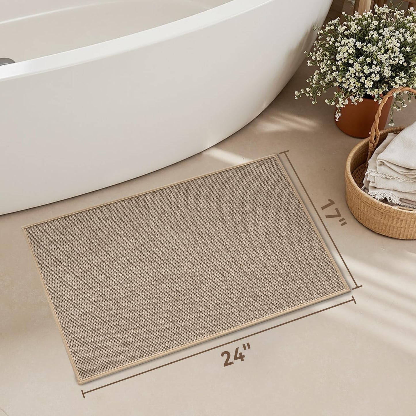 MontVoo Bath Mat Rug-Ultra Thin Non Slip Bath Mats for Bathroom Mat Quick Dry, Rubber Backing Washable Bathroom Rugs Fit Under Door, Absorbent Bath Rugs for Floor,17"x24",Khaki
