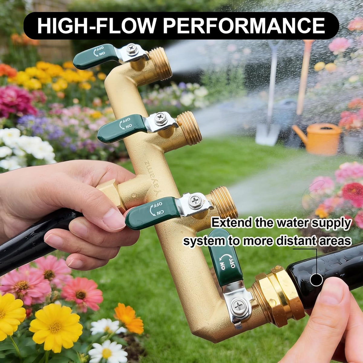 Garden Hose Splitter, 3/4” Rust and Freeze Resistant Outdoor Hose Manifold with 2 Green Extra Long Handles Faucet Adapter-Heavy Duty Brass 2-Way Valve