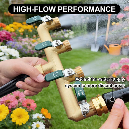 Garden Hose Splitter, 3/4” Rust and Freeze Resistant Outdoor Hose Manifold with 2 Green Extra Long Handles Faucet Adapter-Heavy Duty Brass 2-Way Valve