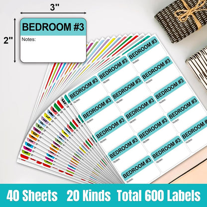 Kingtac 600 Writable Home Moving Stichers - 2' x 3', 20 Color-Coded Home Moving Packing Labels with Fragile, Extra, Heavy Options.Stick to Cardboard Boxes and Plastic Bins, No Extra Tape Needed