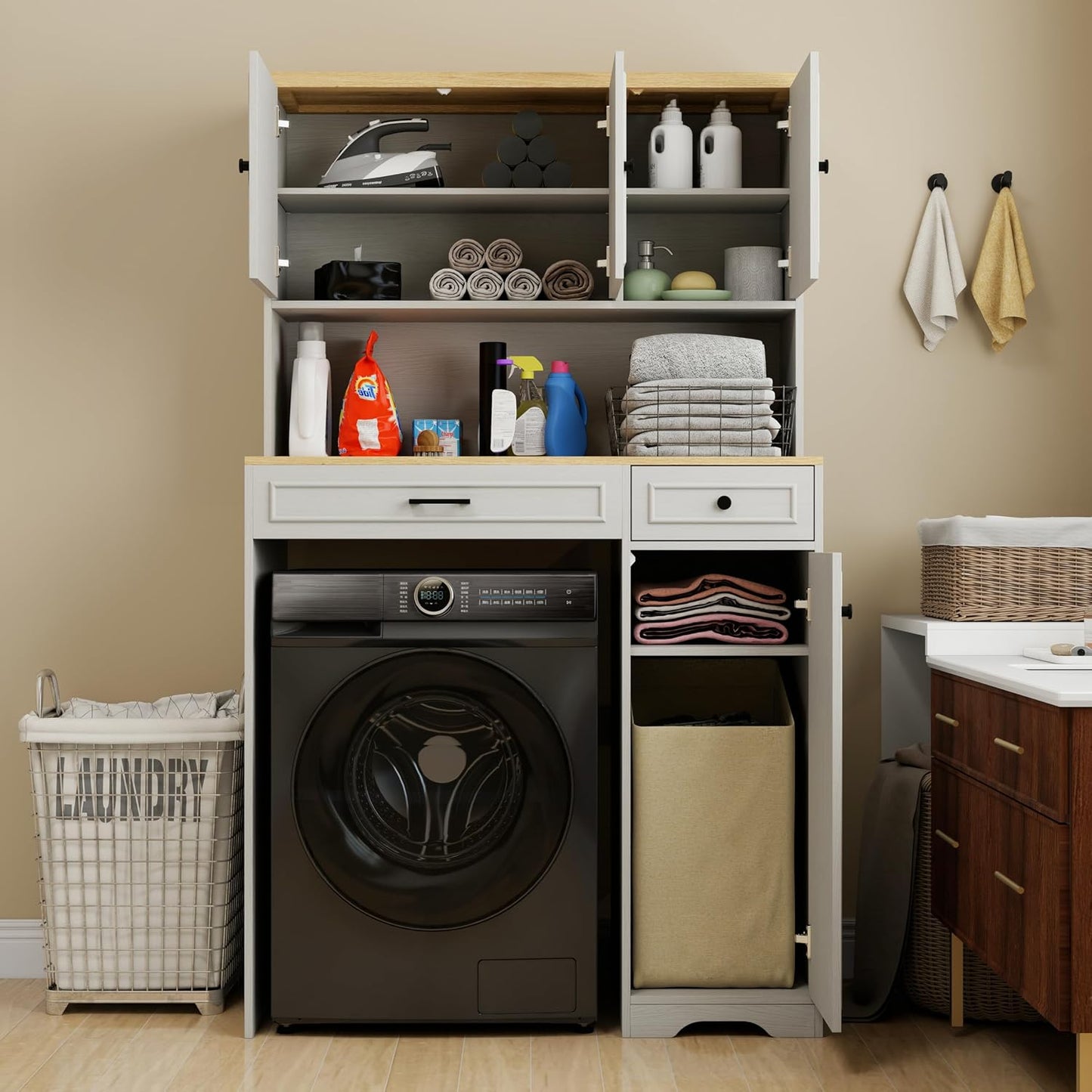 GDFStudio Over the Washer Laundry Storage Cabinet, 26" L x 22" W x 35" H Laundry Room Organizer with Basket 1 Drawer 2 Adjustable Shelves, Freestanding Washing Machine Shelf Unit Antique White