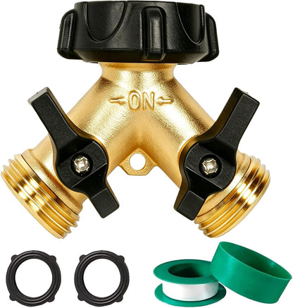 LIULO TOOL Brass Garden Hose Splitter 2 Way, Hose Y Splitter 3/4 Inch Heavy Duty Brass Hose Connector Tap Splitter, Hose Spigot Adapter 2 Valves with Rubber Washers