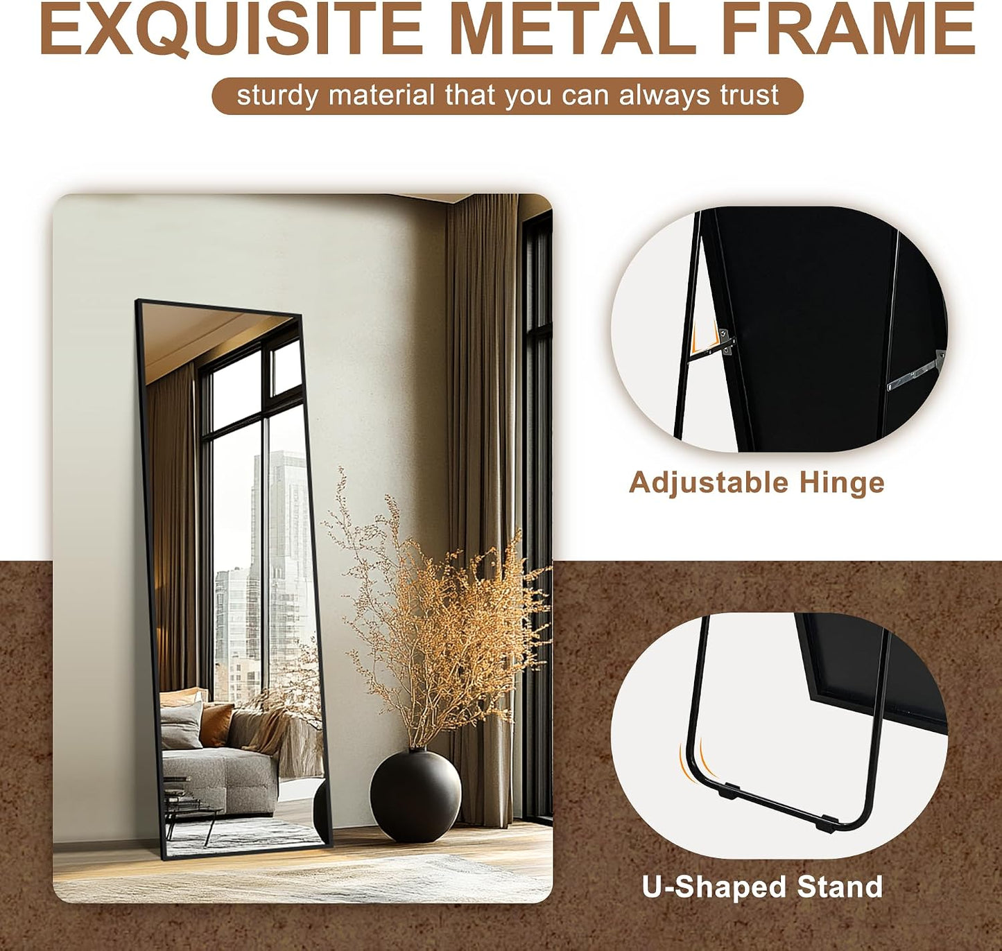 Delma Wall Full Length Mirror,Standing Mirror Full Body,Large Floor for Wall Door Bedroom Bathroom Living Room with Aluminium Frame(with Stand,56x15-Black)