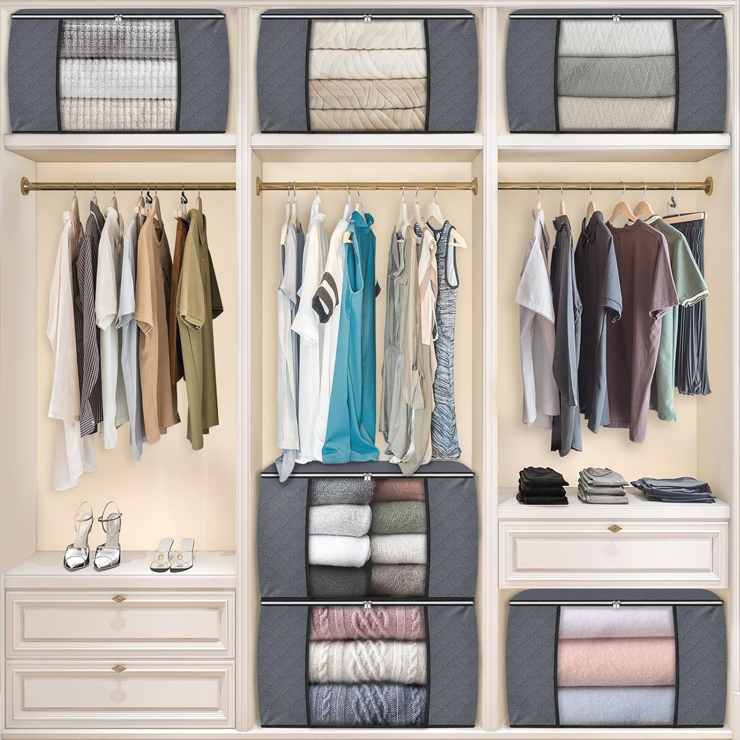 Fab totes 6 Pack Storage Bags for Clothes and Blanket, Foldable Closet Organizers and Storage with Zippers, Clear Window and Handles, Fabric Storage Bins for Sweater, Comforter, Bedding,Linen Sheets