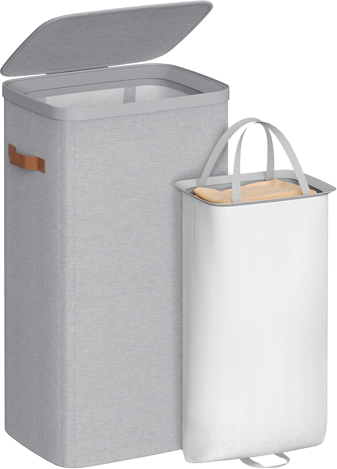 SONGMICS Laundry Basket, 50.2 Gal. Laundry Hamper, 3 Compartments, Easy Assembly, with Lid and Handles, Removable Liners, 25.2 x 15.7 x 29.5 Inches, Cappuccino Beige ULCB814LH01