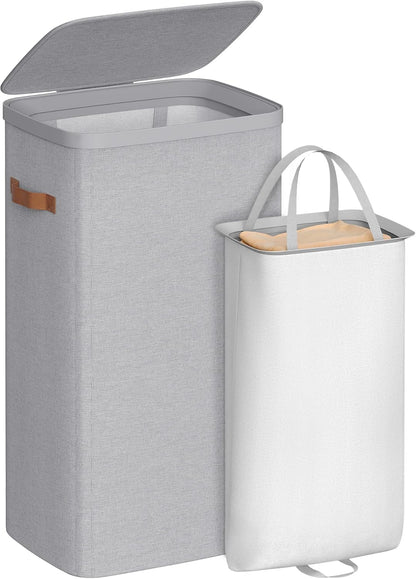 SONGMICS Laundry Basket, 50.2 Gal. Laundry Hamper, 3 Compartments, Easy Assembly, with Lid and Handles, Removable Liners, 25.2 x 15.7 x 29.5 Inches, Cappuccino Beige ULCB814LH01